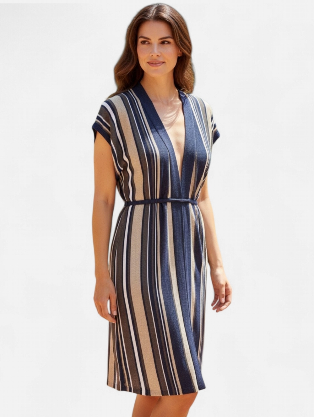 Theory Navy, Beige & White Striped V-Neck Belted Dress
